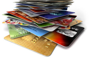 Stack of credit cards, low angle view, (digital) Original Filename: credit cards.jpg
