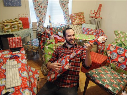 Adal Rifai in Louie Saunders' gift-wrapped apartment.